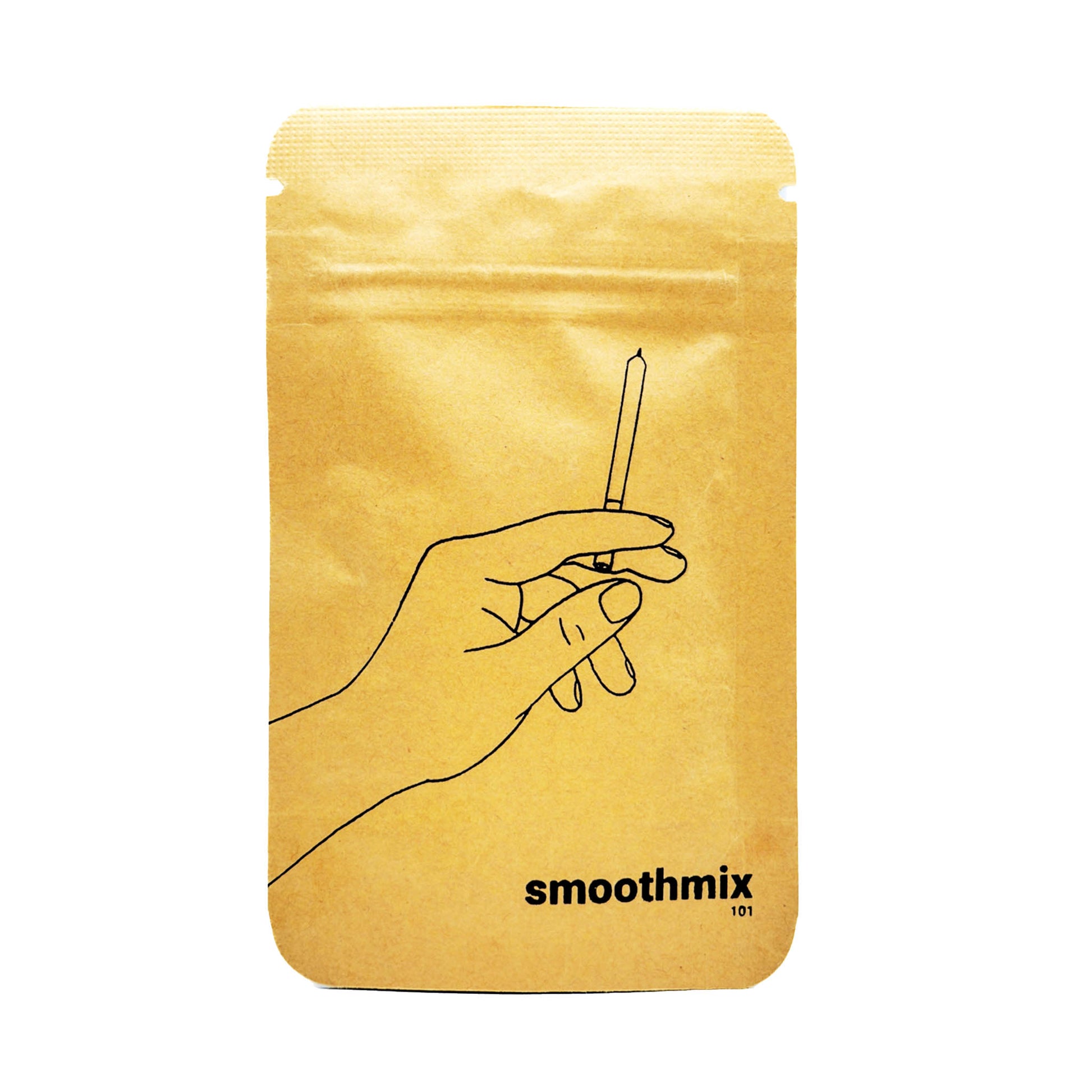 A natural kraft paper pouch from smoothmix, featuring a clean black line illustration of a hand holding a rolled item. The minimalistic branding “smoothmix 101” appears in bold black at the bottom right, giving it a sleek and modern feel.