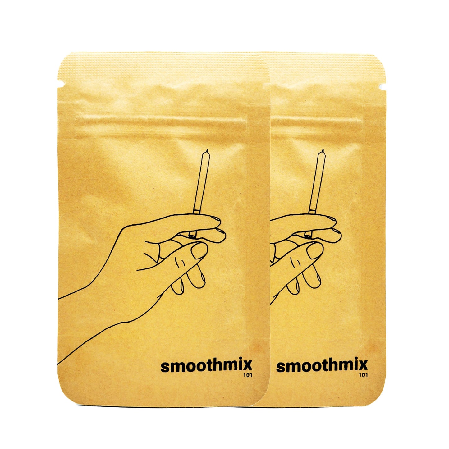 Two "smoothmix 101" kraft pouches featuring minimalist black line art of a hand holding a pre-roll—eco-friendly packaging for herbal blend.
