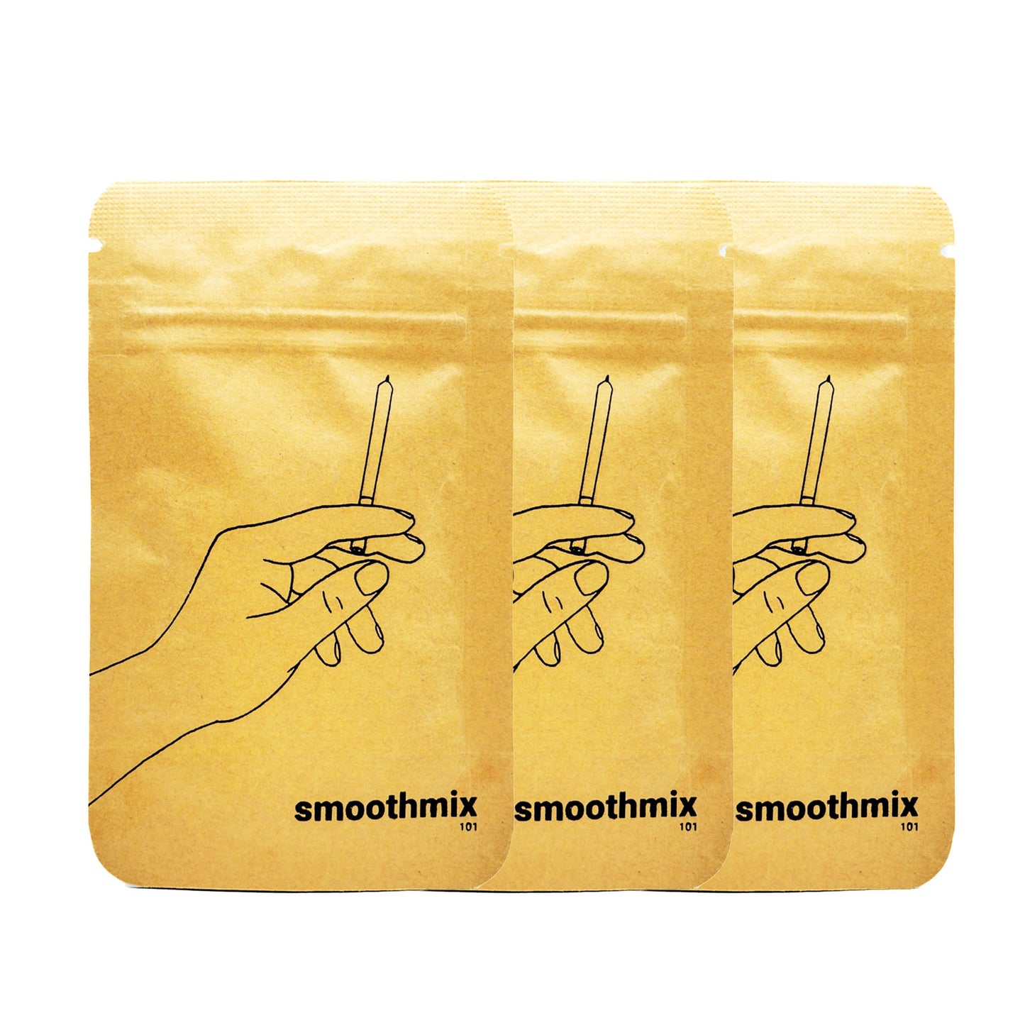 Three "smoothmix 101" kraft paper pouches with clean black line art of a hand holding a pre-roll—minimalist, eco-conscious herbal blend packaging.
