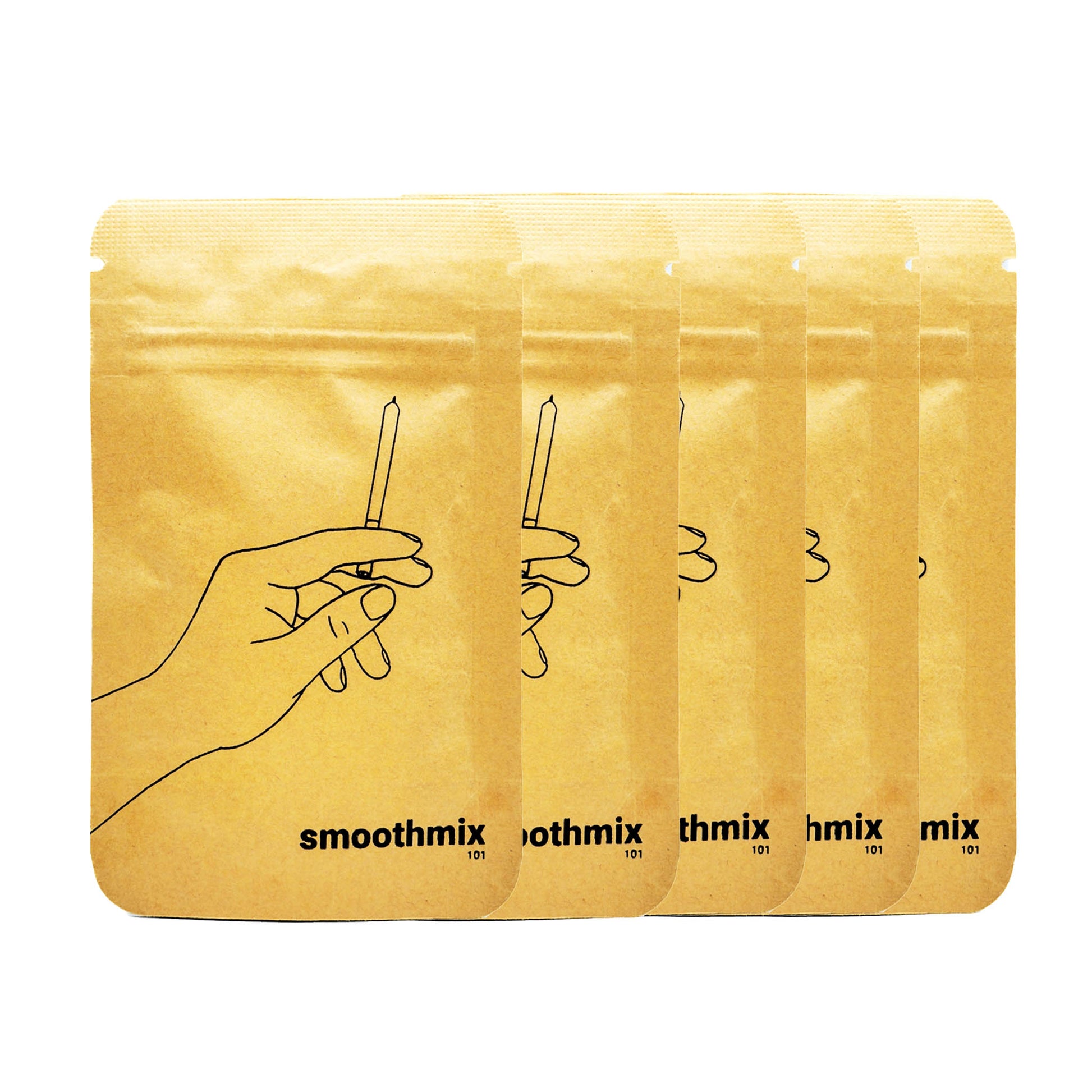 Five kraft paper pouches labeled "smoothmix 101" with minimalist artwork of a hand holding a rolled herbal cone. Eco-friendly packaging for natural smoking blends or rolling herbs.