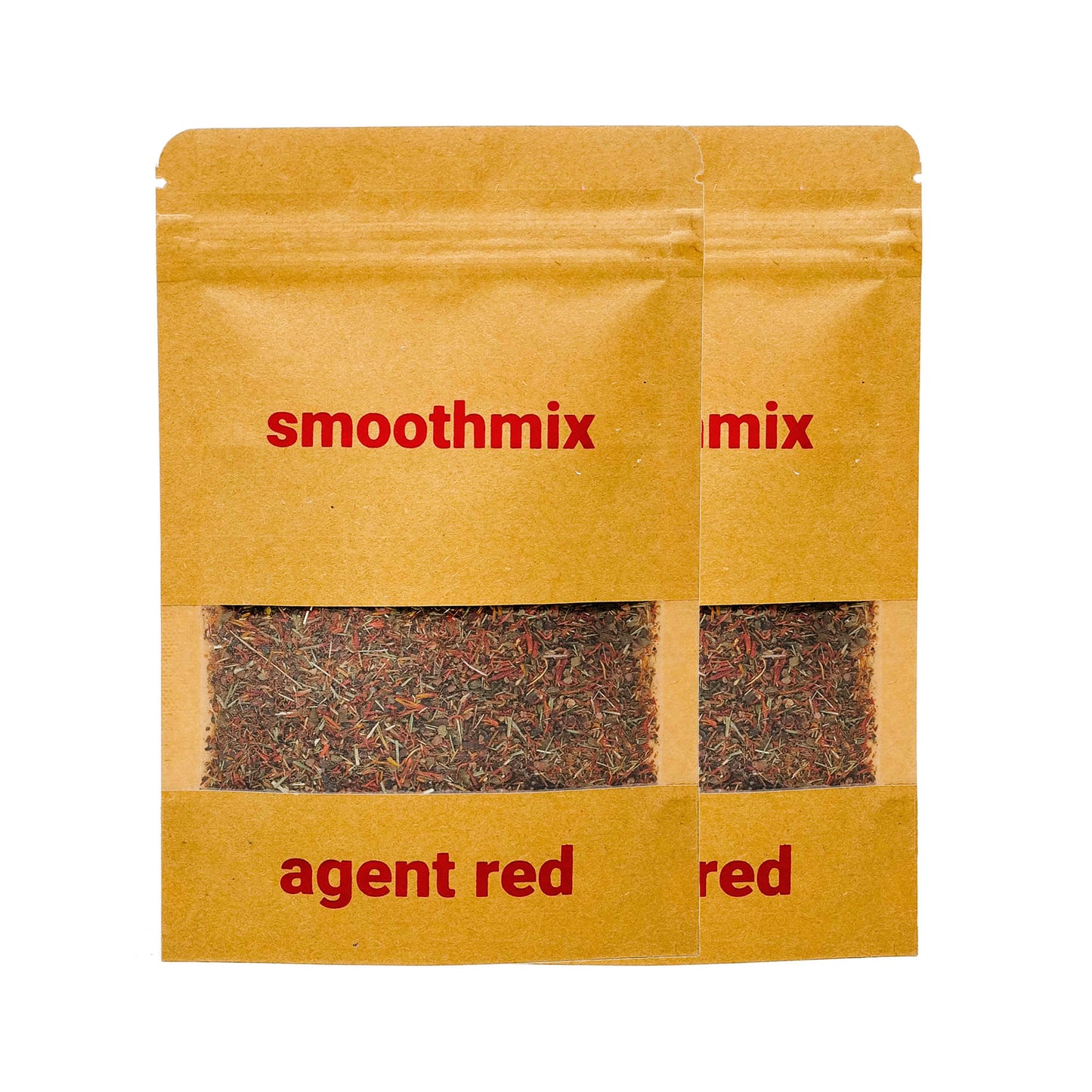 Two kraft pouches of "smoothmix agent red" herbal blend, each with a clear window revealing a reddish-brown loose-leaf mixture, labeled in bold red text on the front.