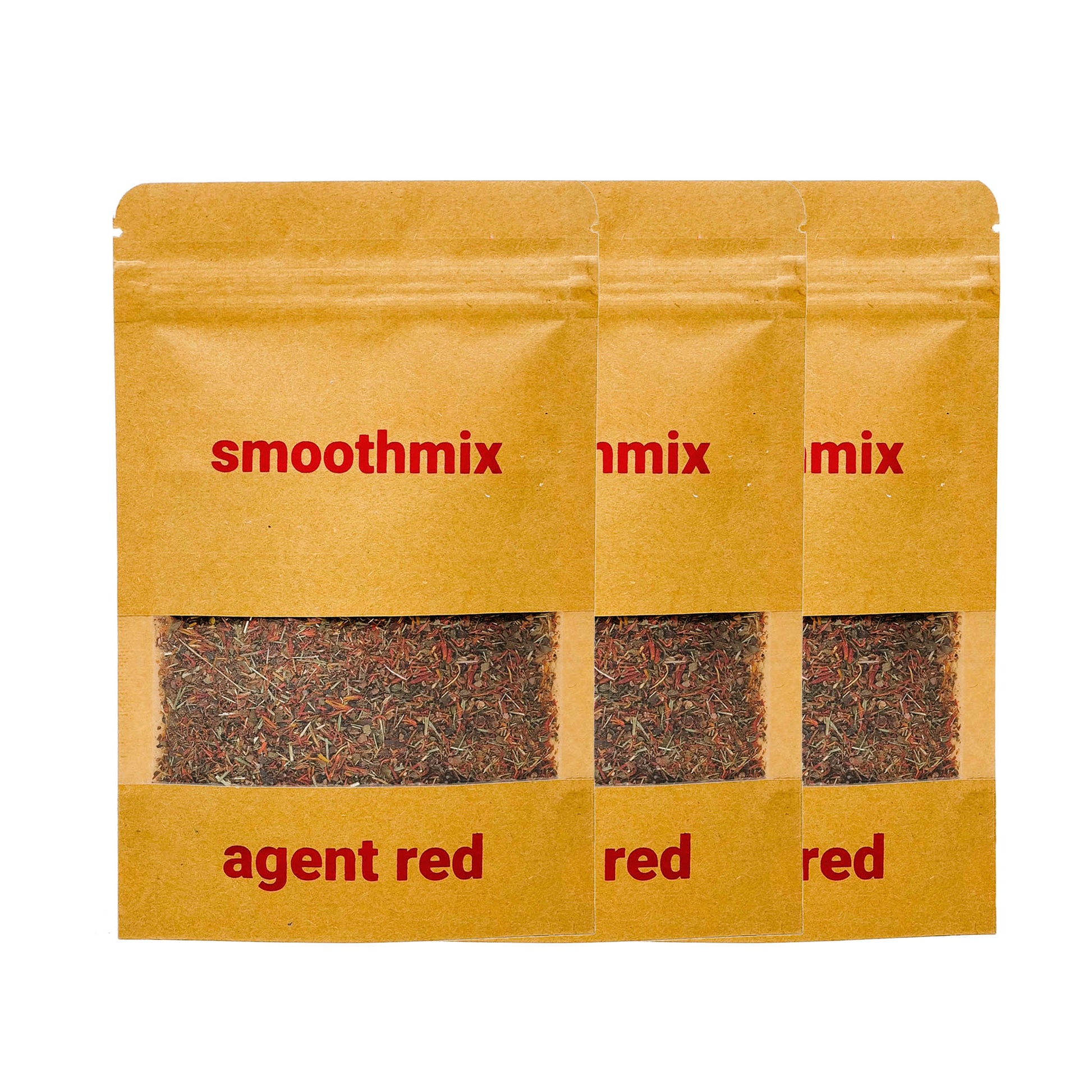Three kraft pouches of "smoothmix agent red" herbal blend, each with a clear window revealing a reddish-brown loose-leaf mixture, labeled in bold red text on the front.