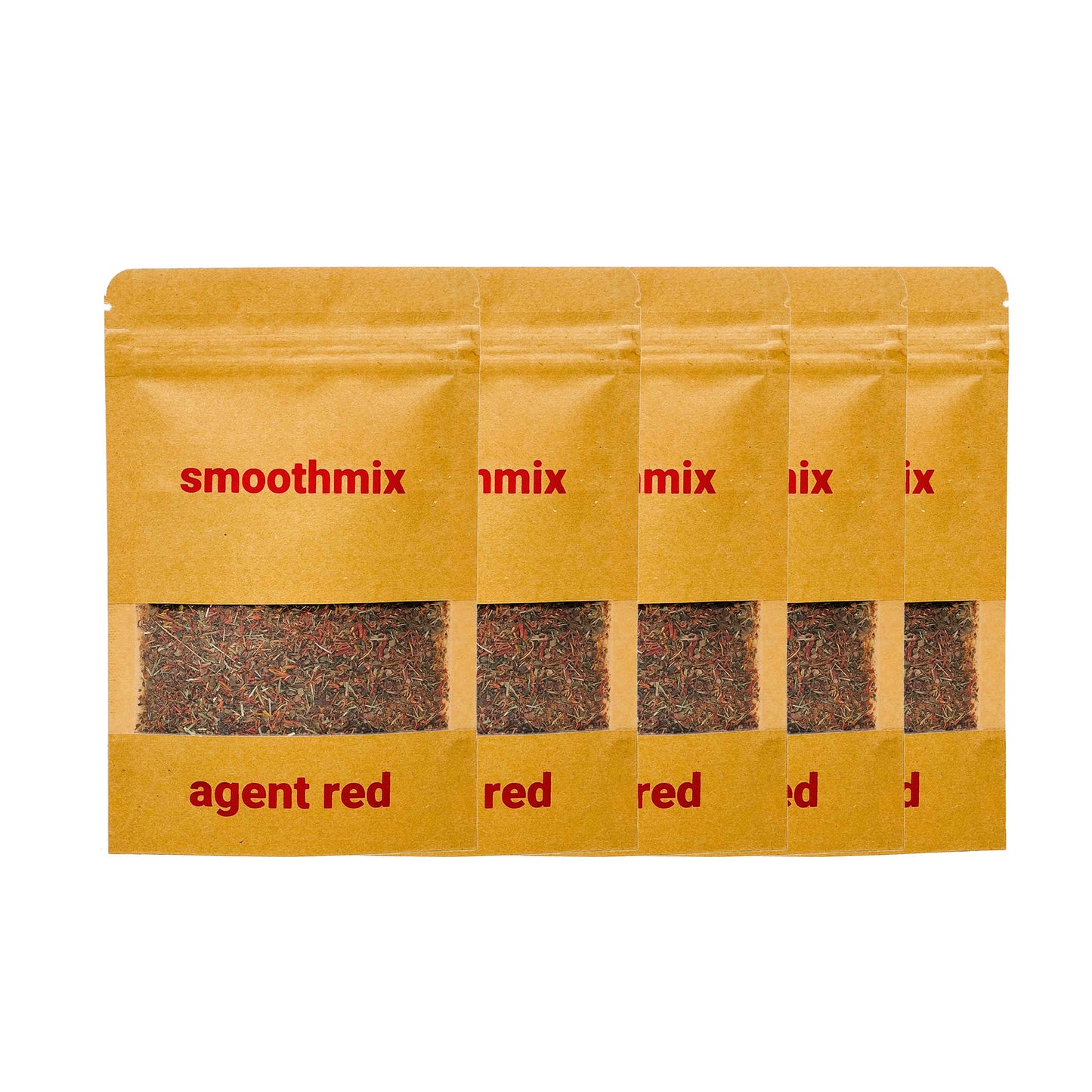 Four kraft pouches of "smoothmix agent red" herbal blend, each with a clear window revealing a reddish-brown loose-leaf mixture, labeled in bold red text on the front.