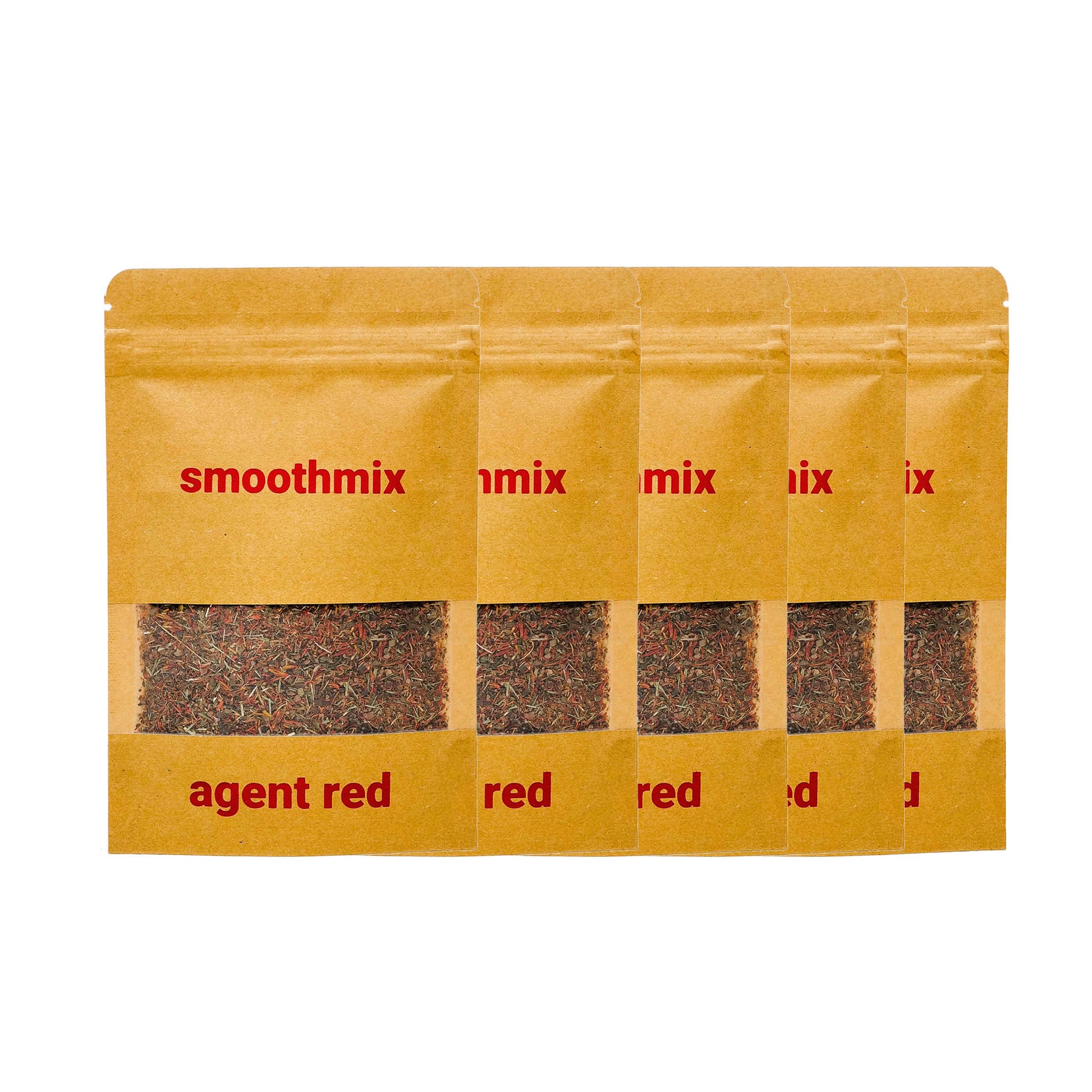 Four kraft pouches of "smoothmix agent red" herbal blend, each with a clear window revealing a reddish-brown loose-leaf mixture, labeled in bold red text on the front.