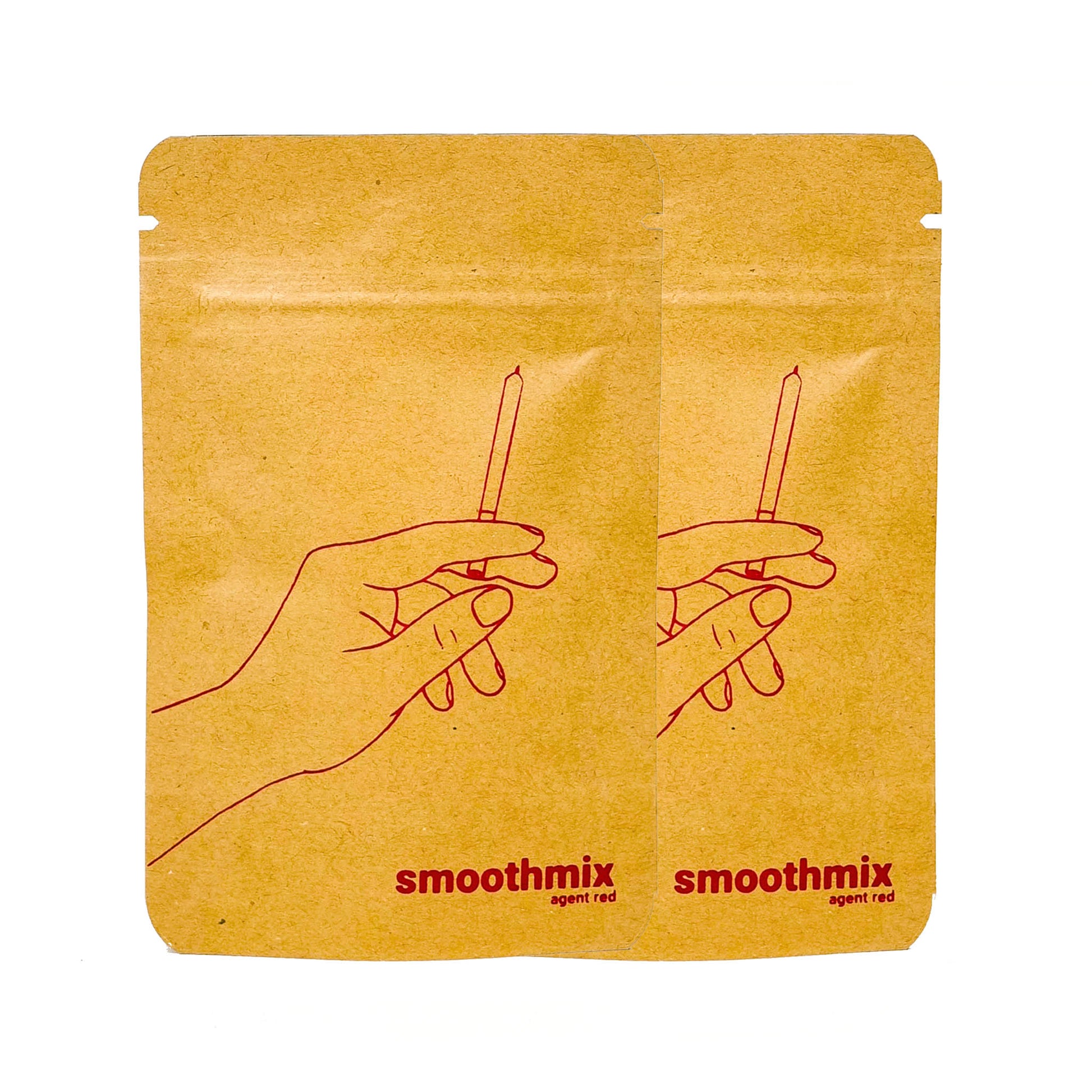 A minimal, side-by-side display of two smoothmix agent red pouches. The bold red line illustration of a hand holding a rolled item and the lowercase logo lend a sleek, confident energy to the kraft paper packaging.