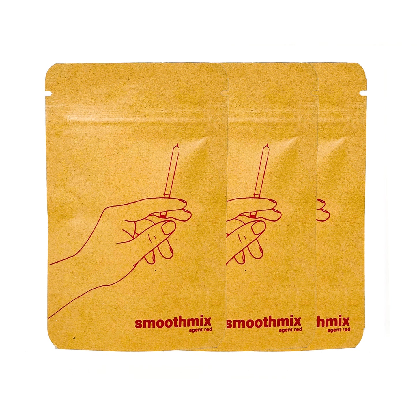 A trio of smoothmix agent red pouches displayed side-by-side, each featuring a minimalistic red line illustration of a hand holding a rolled item. The kraft paper packaging paired with bold red branding ("smoothmix agent red") evokes a clean, earthy, and vibrant aesthetic.