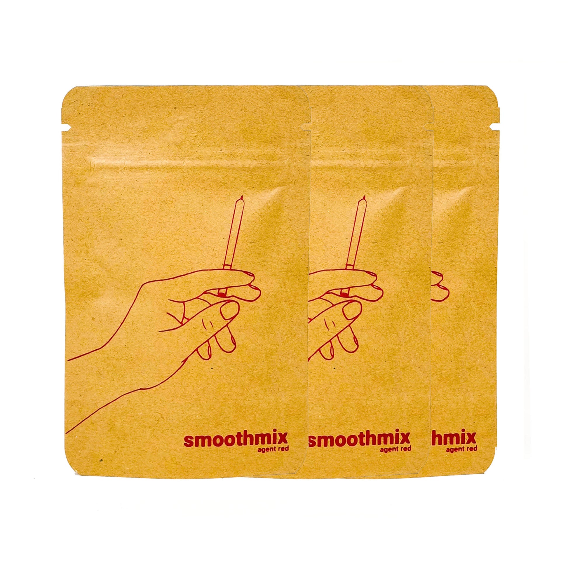 A trio of smoothmix agent red pouches displayed side-by-side, each featuring a minimalistic red line illustration of a hand holding a rolled item. The kraft paper packaging paired with bold red branding ("smoothmix agent red") evokes a clean, earthy, and vibrant aesthetic.