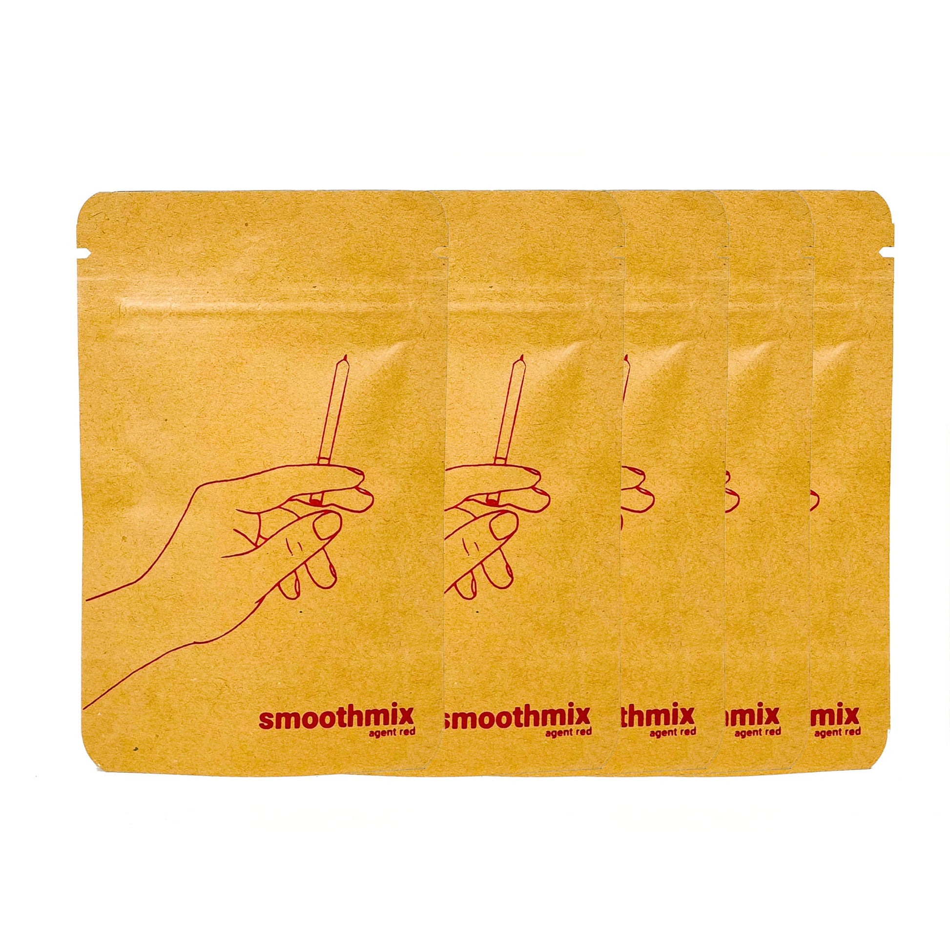 A bold lineup of our signature smoothmix agent red — five perfectly aligned kraft pouches, screen-printed in deep red with our minimalist joint-in-hand illustration. Each pack contains a smooth herbal blend crafted for an even burn and mellow experience. Designed with intention, from the print to the product, this collection brings both aesthetic and function into focus. Whether you're stocking up or sharing the mix, this is smoothness, multiplied.