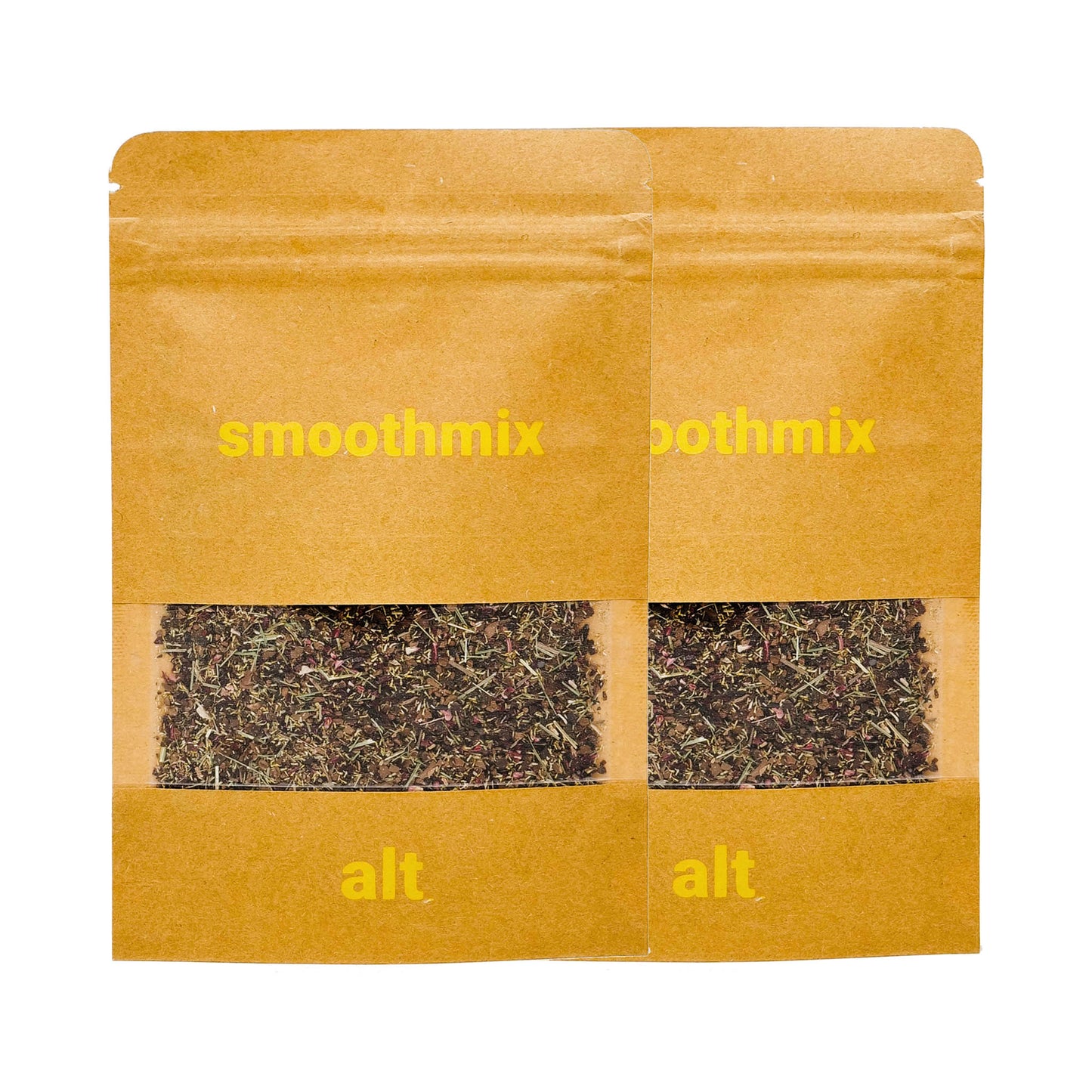 Two kraft pouches of "smoothmix alt" herbal blend, each with a clear window showing a finely shredded, green and purple loose-leaf mixture, and minimal yellow branding on the front.