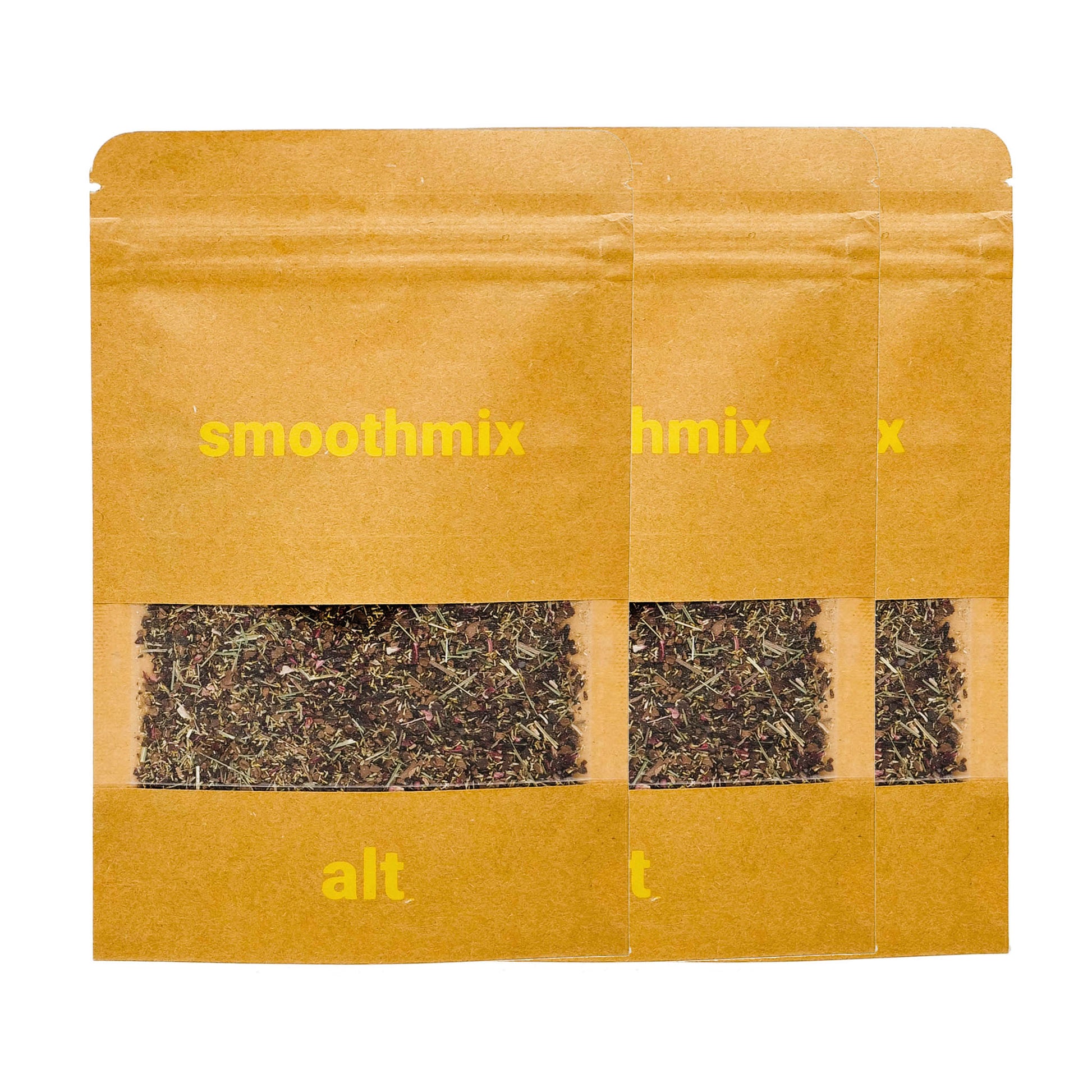 Three kraft pouches of "smoothmix alt" herbal blend, each with a clear window showing a finely shredded, green and purple loose-leaf mixture, and minimal yellow branding on the front.