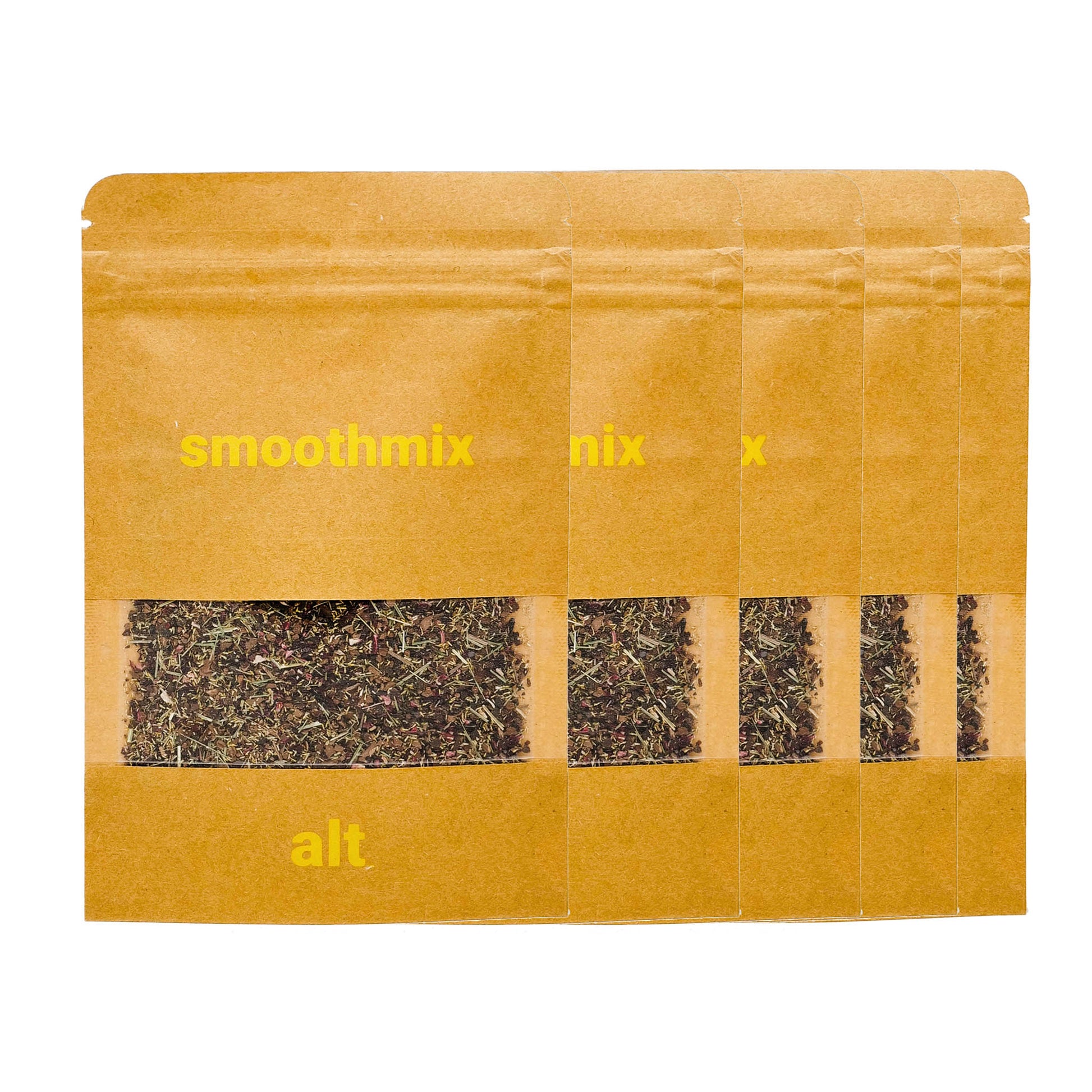 Five kraft paper pouches of "smoothmix alt" herbal blend, featuring a transparent window showing a natural loose-leaf mixture—minimalist packaging with bold yellow branding.