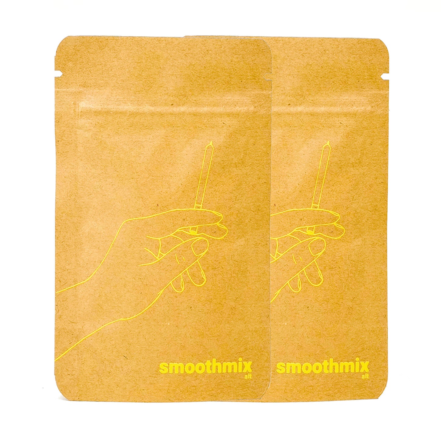 Minimalism meets mellow in this side-by-side of smoothmix alt. Two sleek kraft pouches, screen-printed in vibrant yellow, feature our signature joint-in-hand artwork — a quiet nod to clarity and calm. Each pack holds a curated blend for those who seek an alternative path to smooth, balanced sessions. Bright, intentional, and refreshingly simple — this is alt, for the ones who move differently.