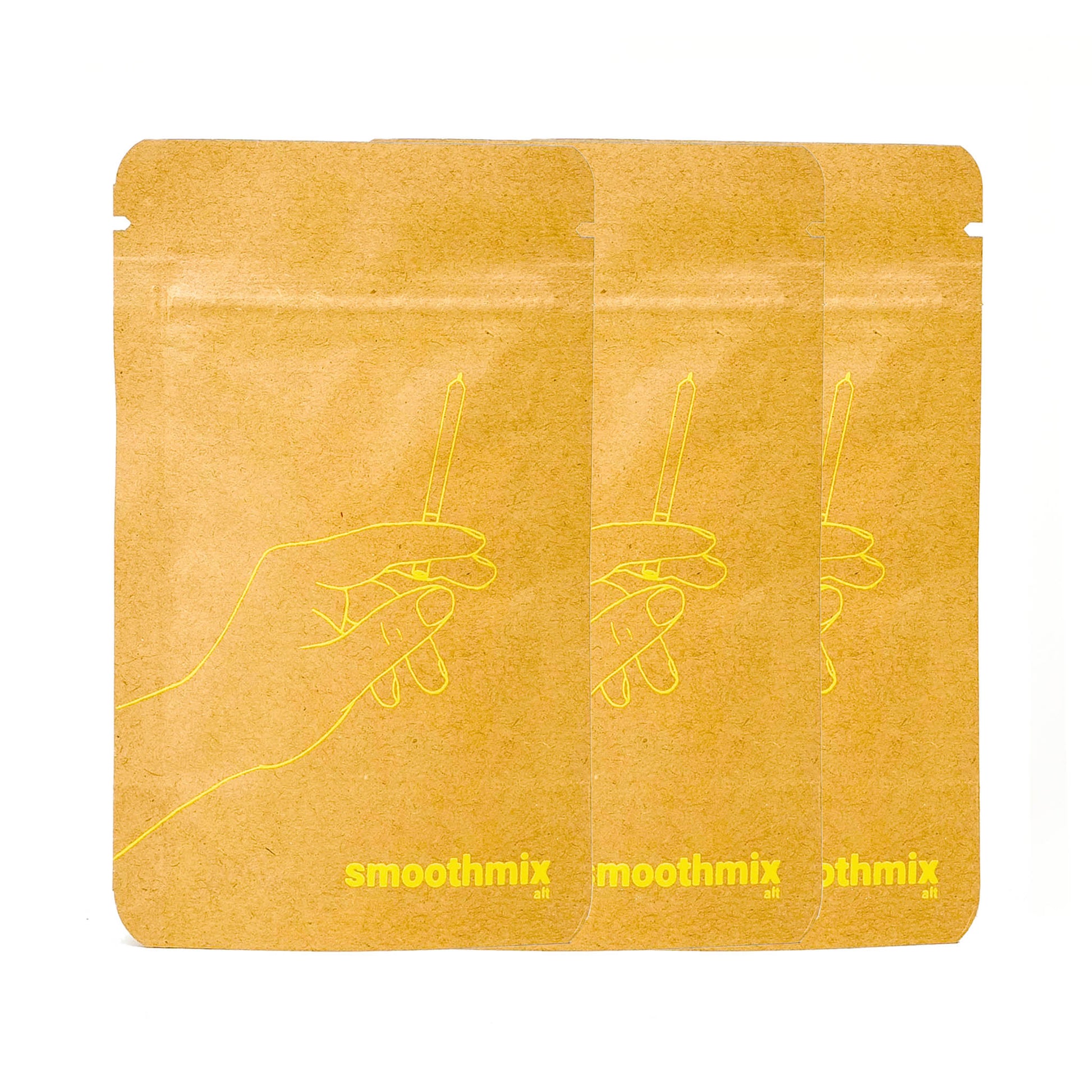 Three smoothmix alt pouches arranged in a row, with bright yellow line art and branding standing out subtly on kraft paper — a clean, energetic twist on minimalism.