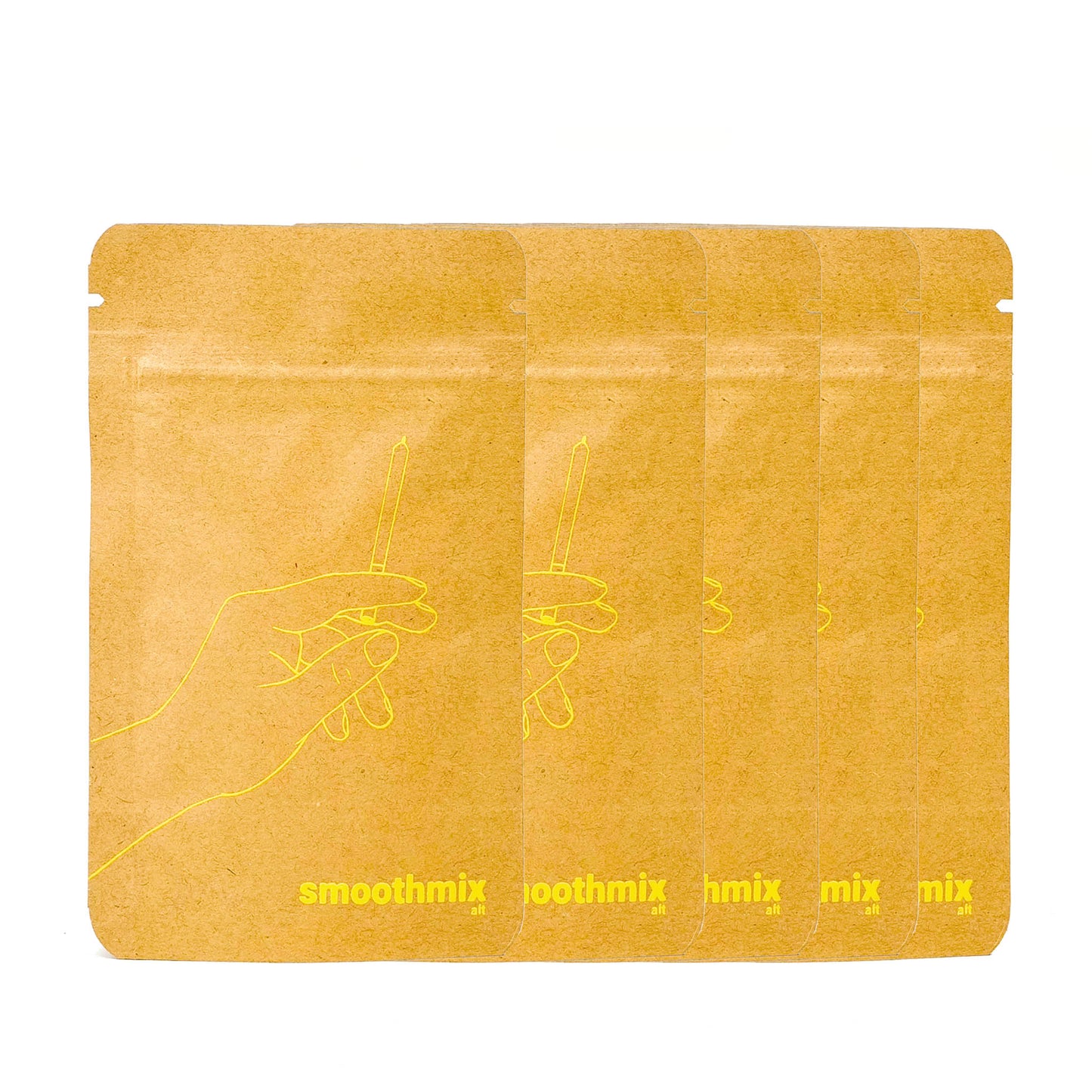 A lineup of five smoothmix alt pouches, each featuring a subtle yellow line illustration of a hand holding a rolled item. The minimalist kraft paper packaging and soft yellow branding give it a refined, alternative vibe—true to the "alt" name.