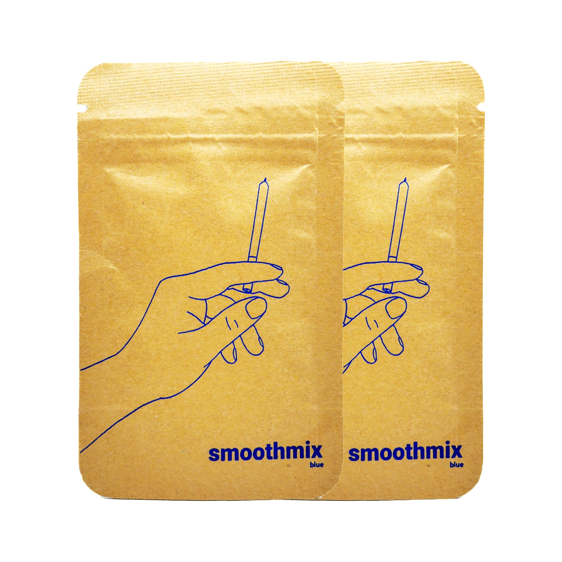 Two kraft paper pouches labeled "smoothmix blue" featuring minimalist blue line art of a hand holding a rolled cone. Herbal smoking blend packaging with a clean, natural design.