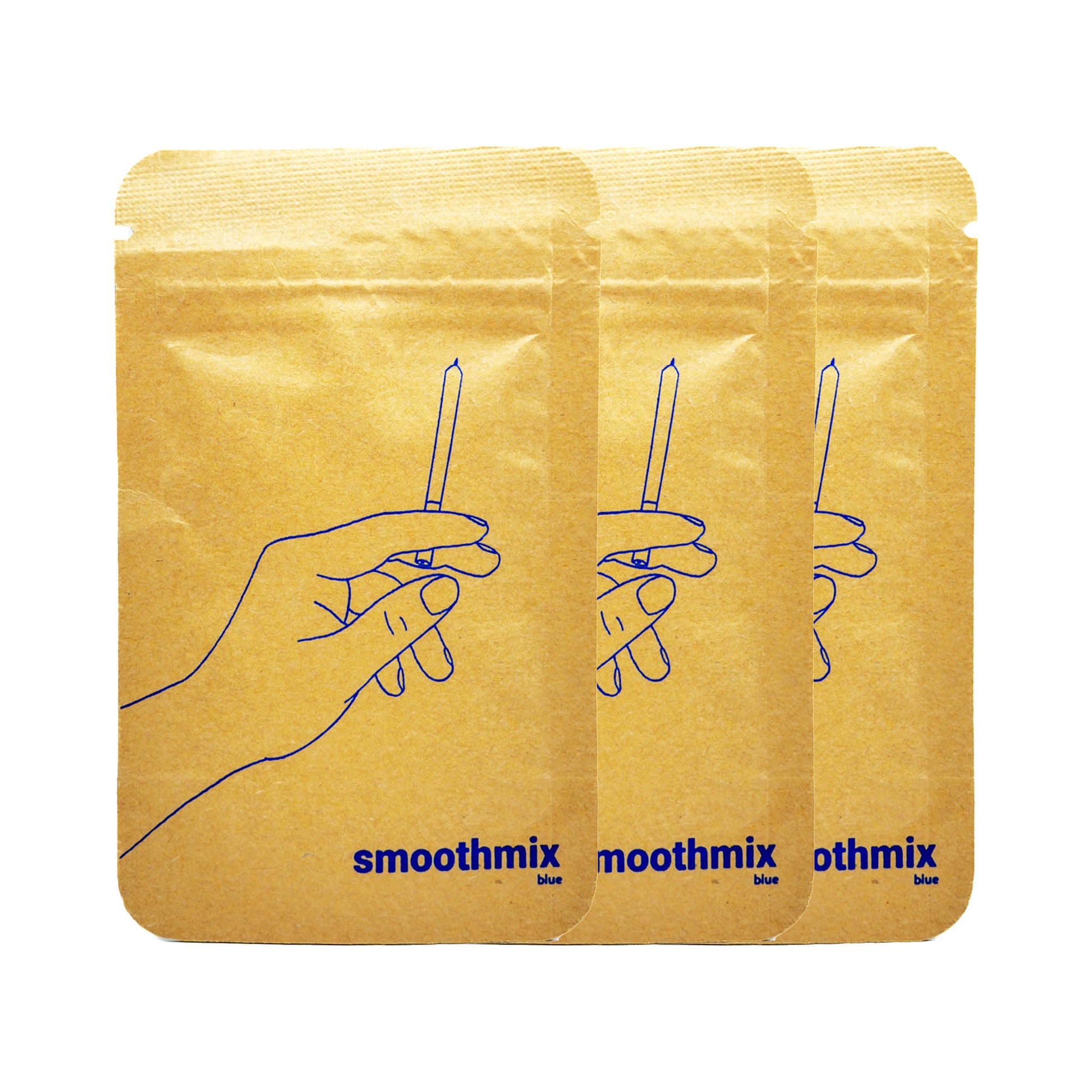 Three "smoothmix blue" kraft pouches with minimalist blue hand illustration holding a rolled cone, arranged side by side—natural packaging for herbal smoking blend.