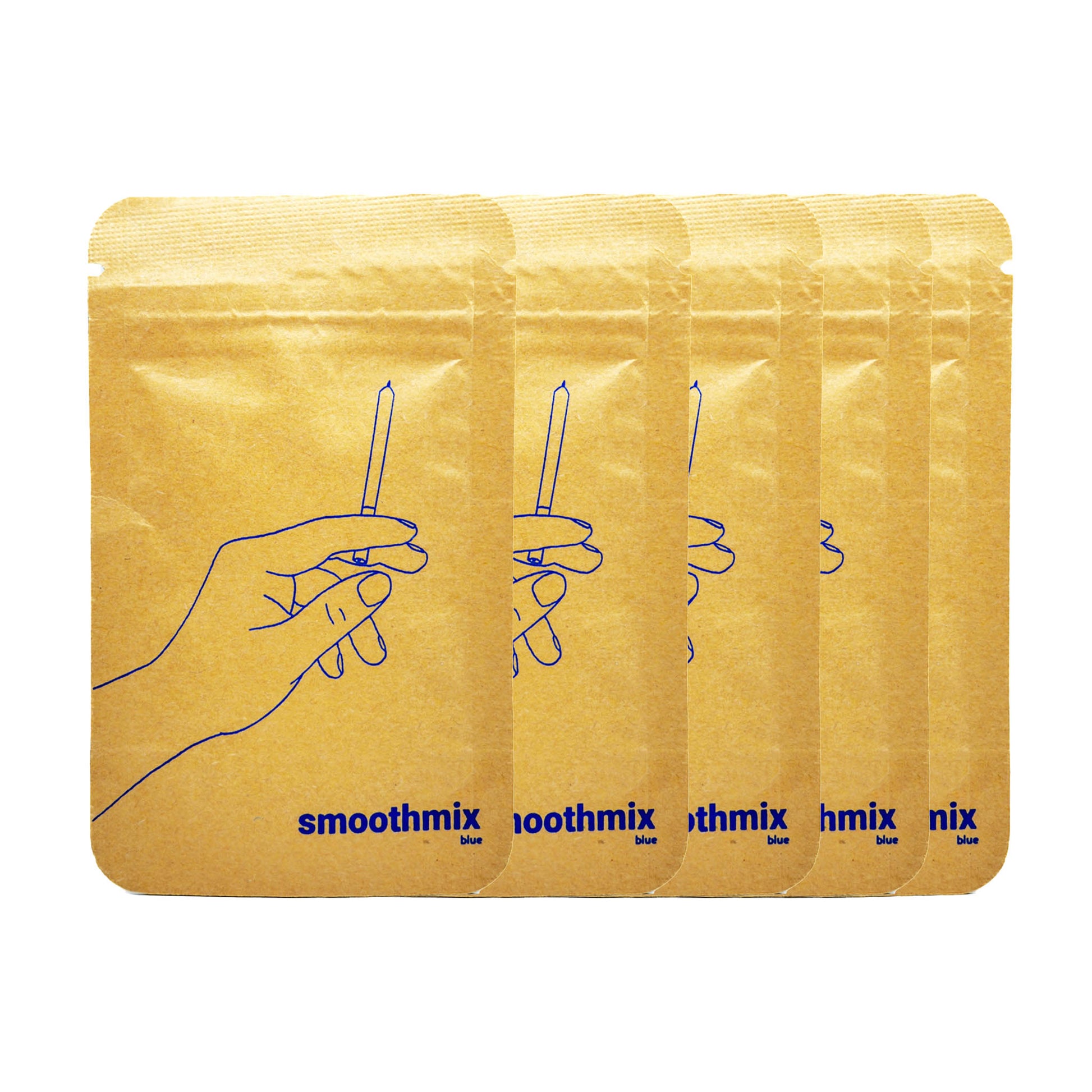 Five "smoothmix blue" kraft pouches arranged in a fan layout, each featuring a blue line drawing of a hand holding a rolled cone. Natural, minimalist packaging for herbal smoking blend.