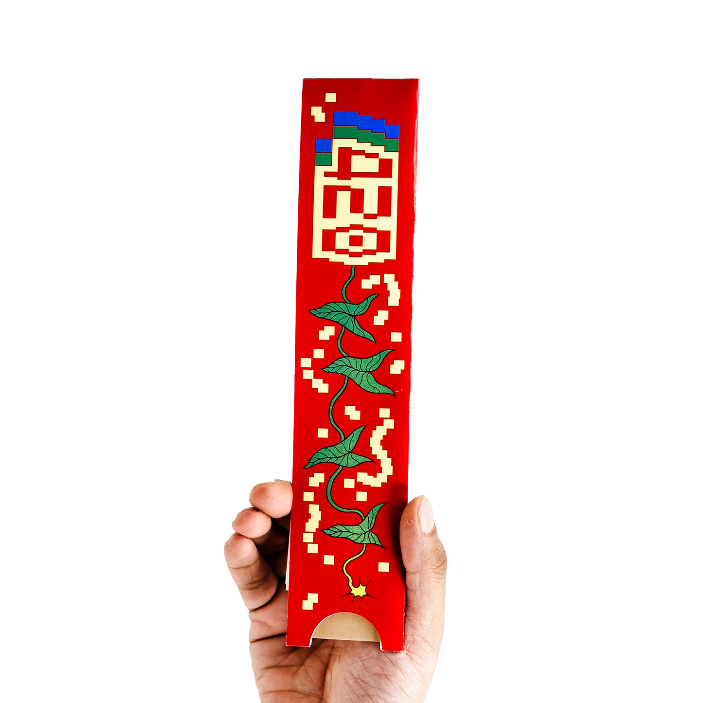 Back of Smoothmix Papers jumbo pack held in hand, red packaging with pixel art “420” and green vine design on white background