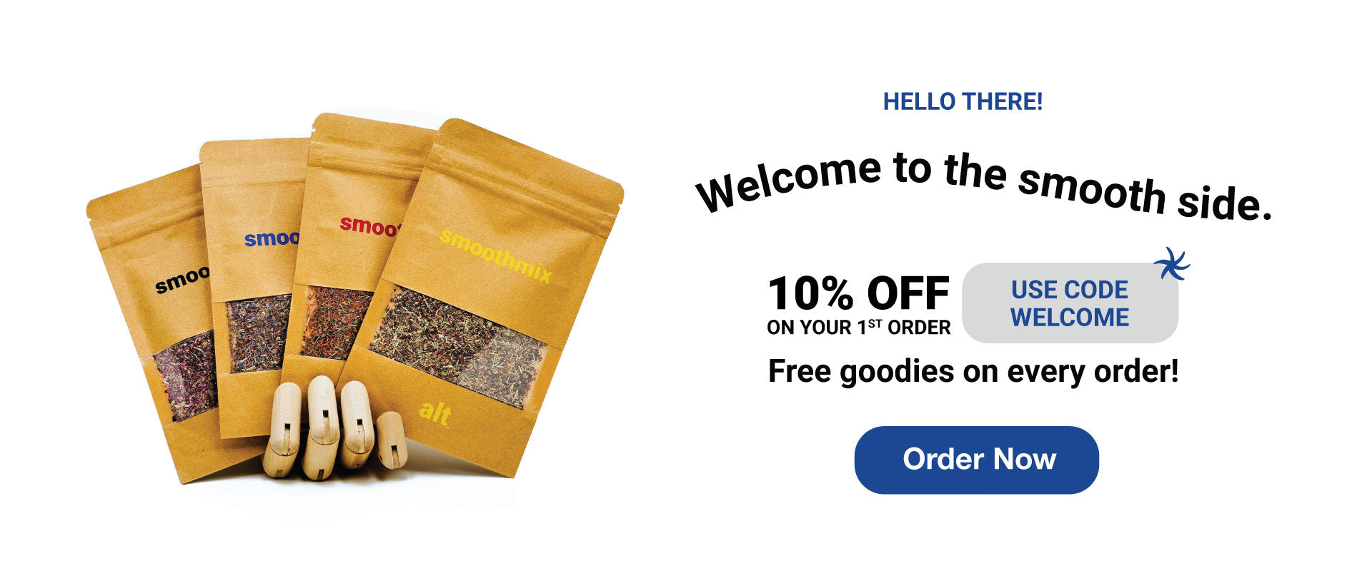 Four smoothmix herbal blend pouches in natural kraft packaging with visible mix windows and wooden filter tips in front, alongside a 10% welcome offer and “Order Now” button on a clean white background.