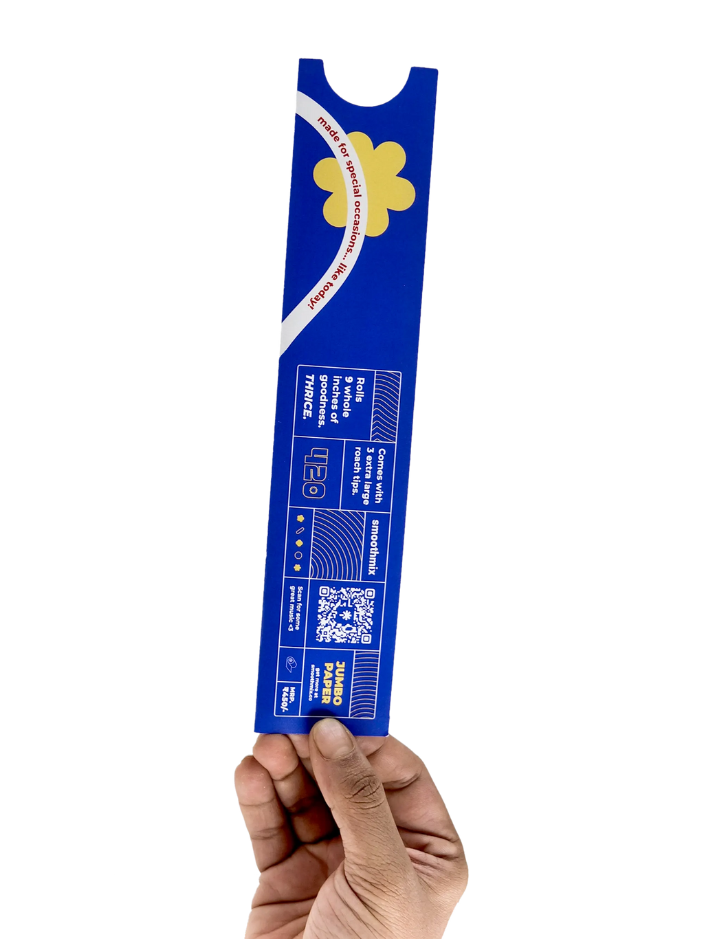 Hand holding a smoothmix Jumbo Paper 9 inch unbleached rolling papers packaging with a yellow flower logo on a white background