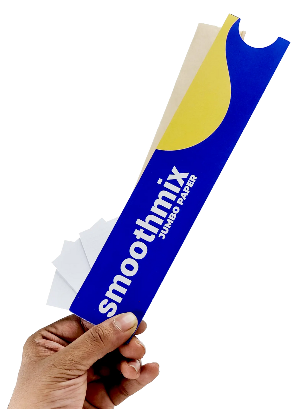 Hand holding a pack of s9 inch jumbo rolling paper pack by smoothmix against a white background