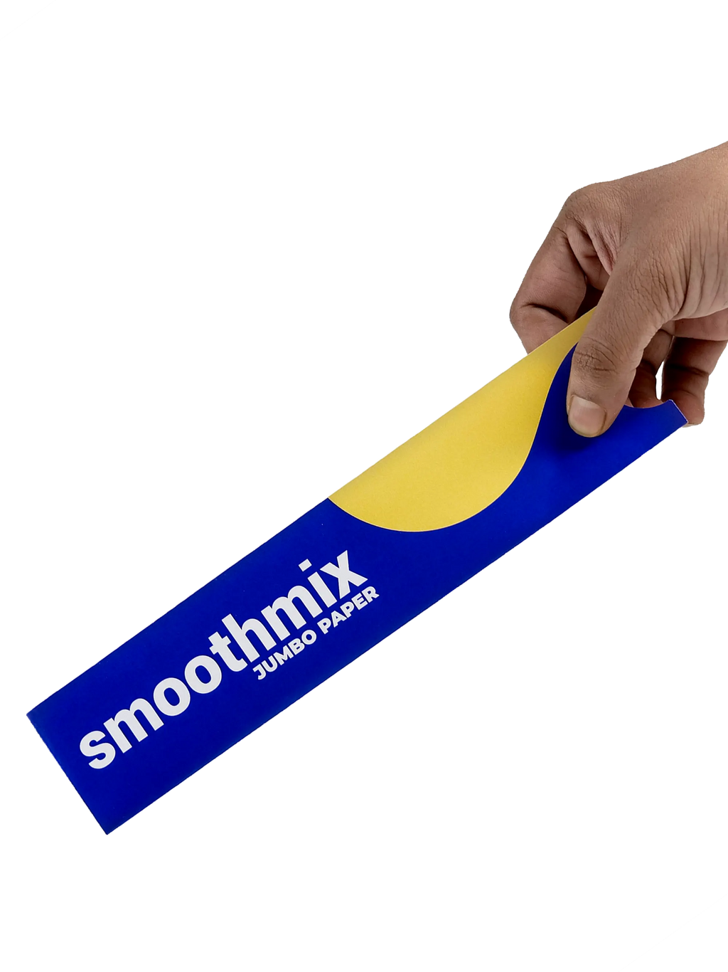 Hand holding a roll of smoothmix 9 inch jumbo rolling papers pack against a white background