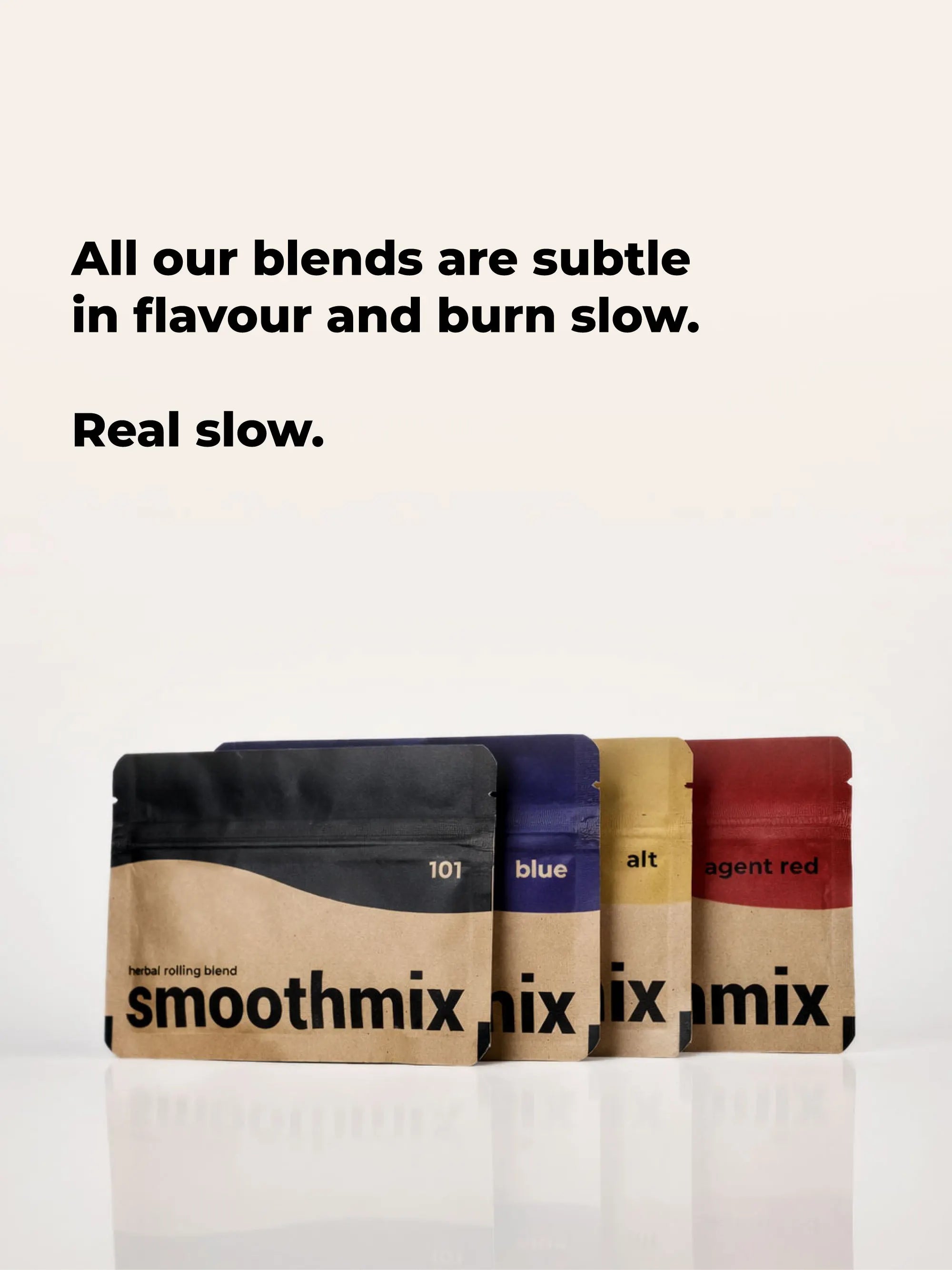 Four smoothmix packages with text about flavor and burn rate on a white background