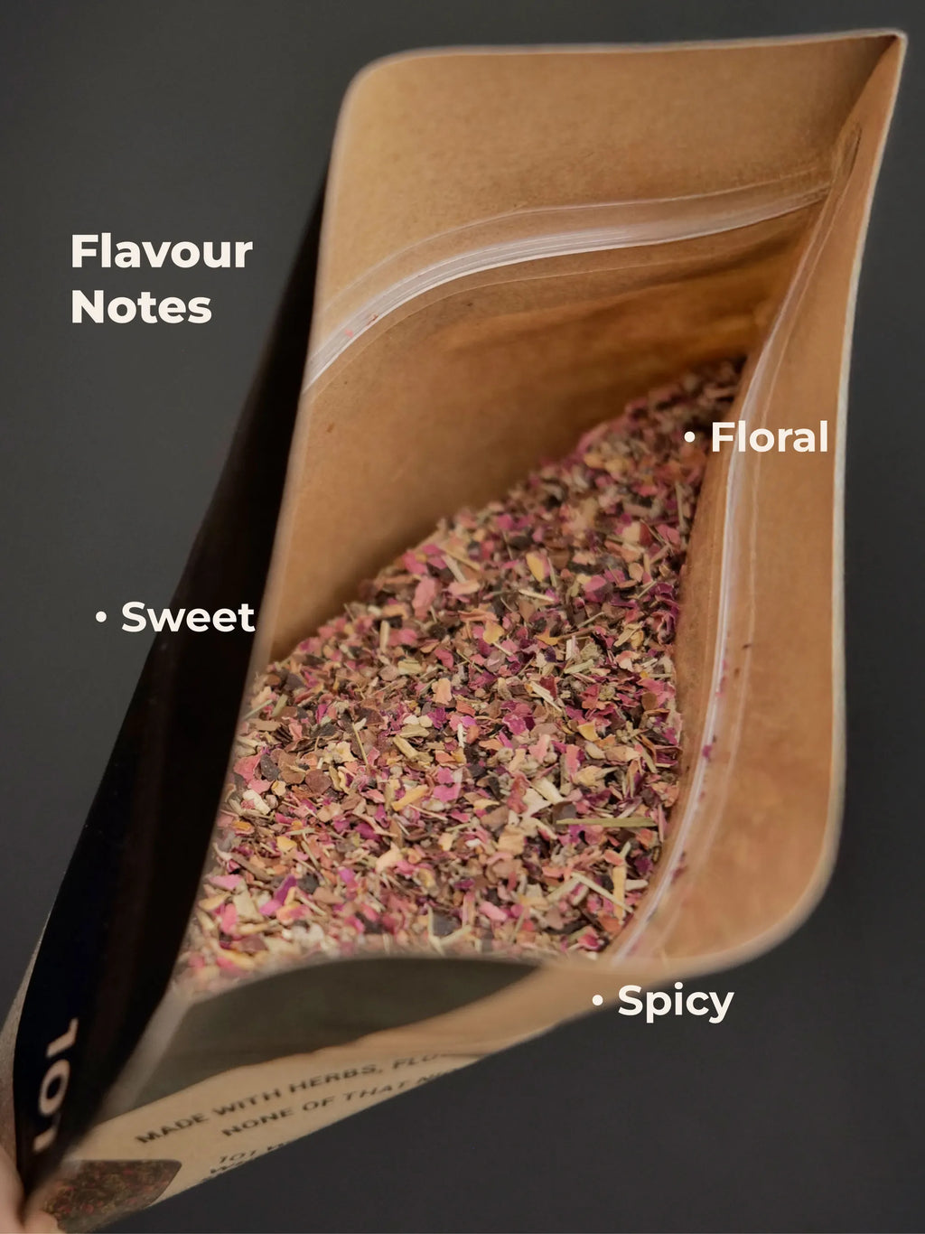 Open bag of Smoothmix 101 herbal rolling blend with flavor notes labeled