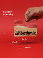 Red packaging of 'smoothmix' with a hand holding it on a red background, featuring text about flavor intensity.