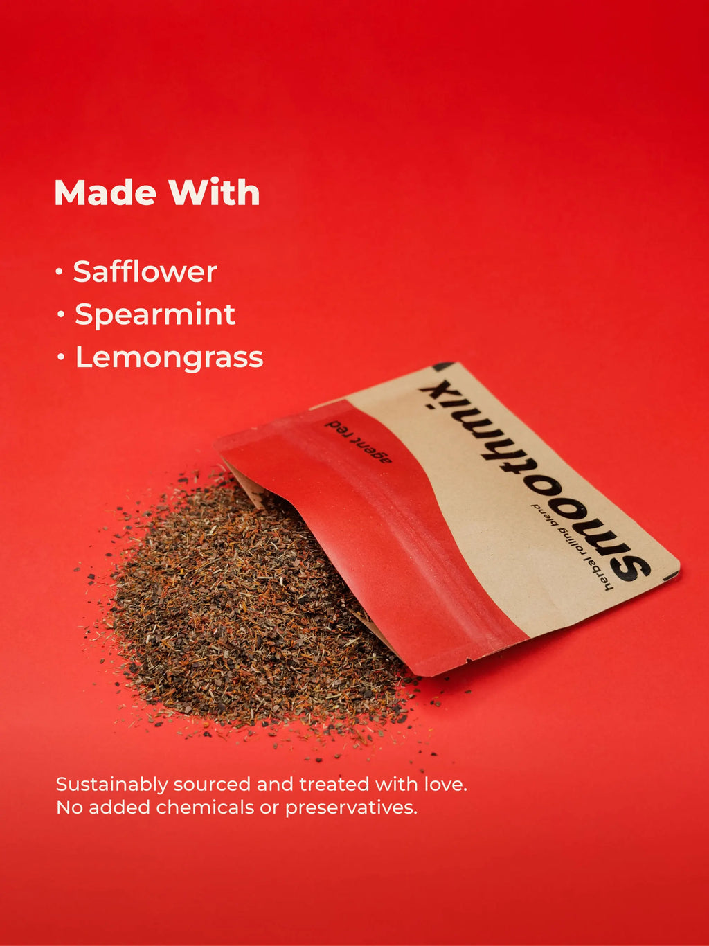 Open bag of Smoothmix Agent Red herbal blend product on a red background with text about ingredients and sustainability.