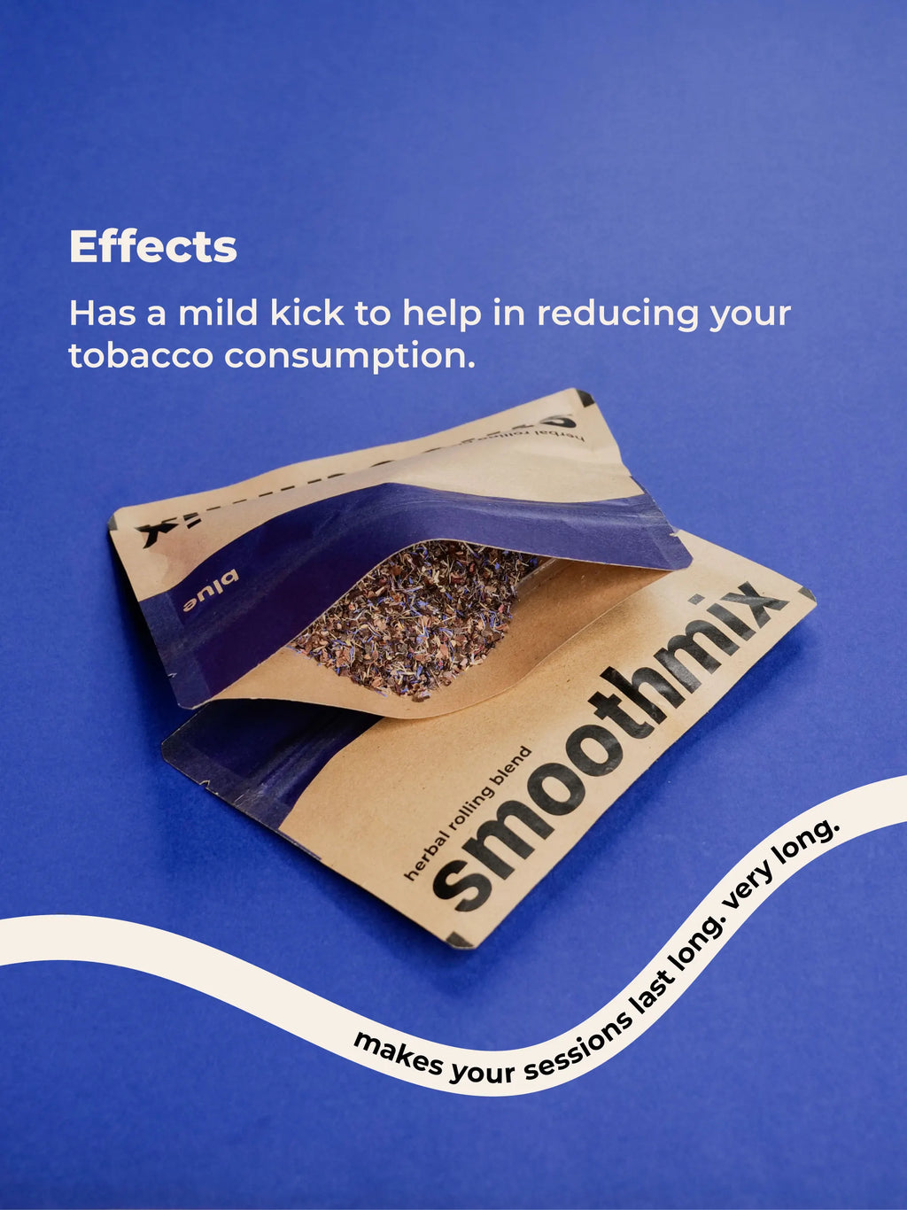 smoothmix blue herbal blend product packaging on a blue background with text about its effects.