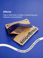 smoothmix blue herbal blend product packaging on a blue background with text about its effects.