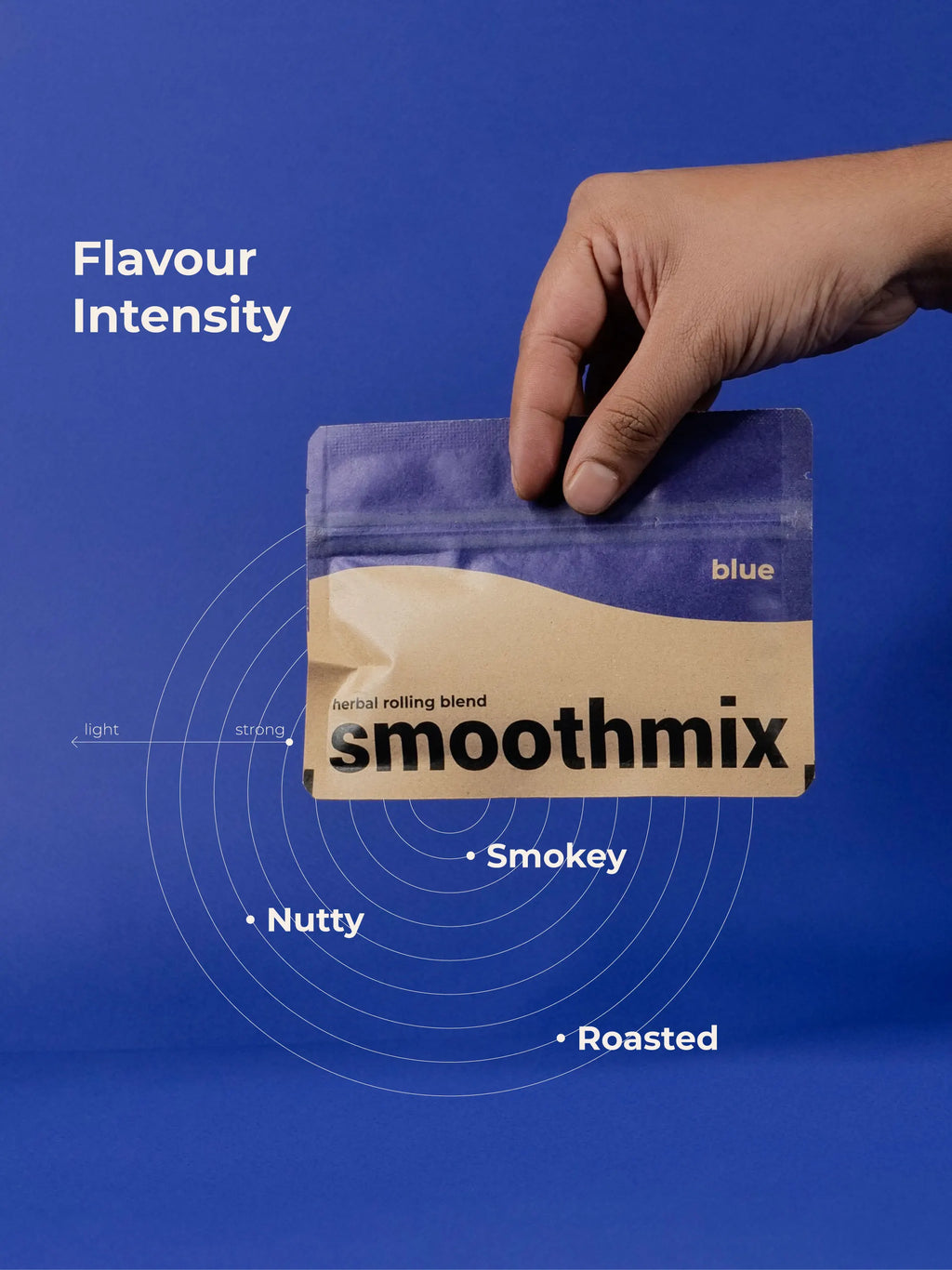Hand holding a package of smoothmix blue with flavor intensity description on a blue background