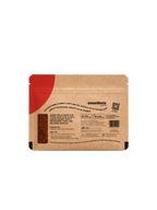 Brown packaging with red accent on a white background