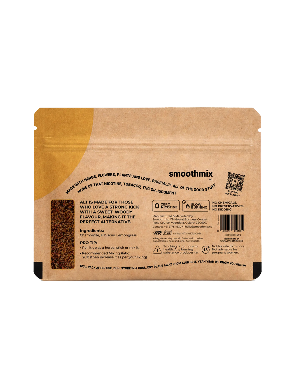 Brown packaging of smoothimix alt herbal smoking blend with text and a barcode on a white background