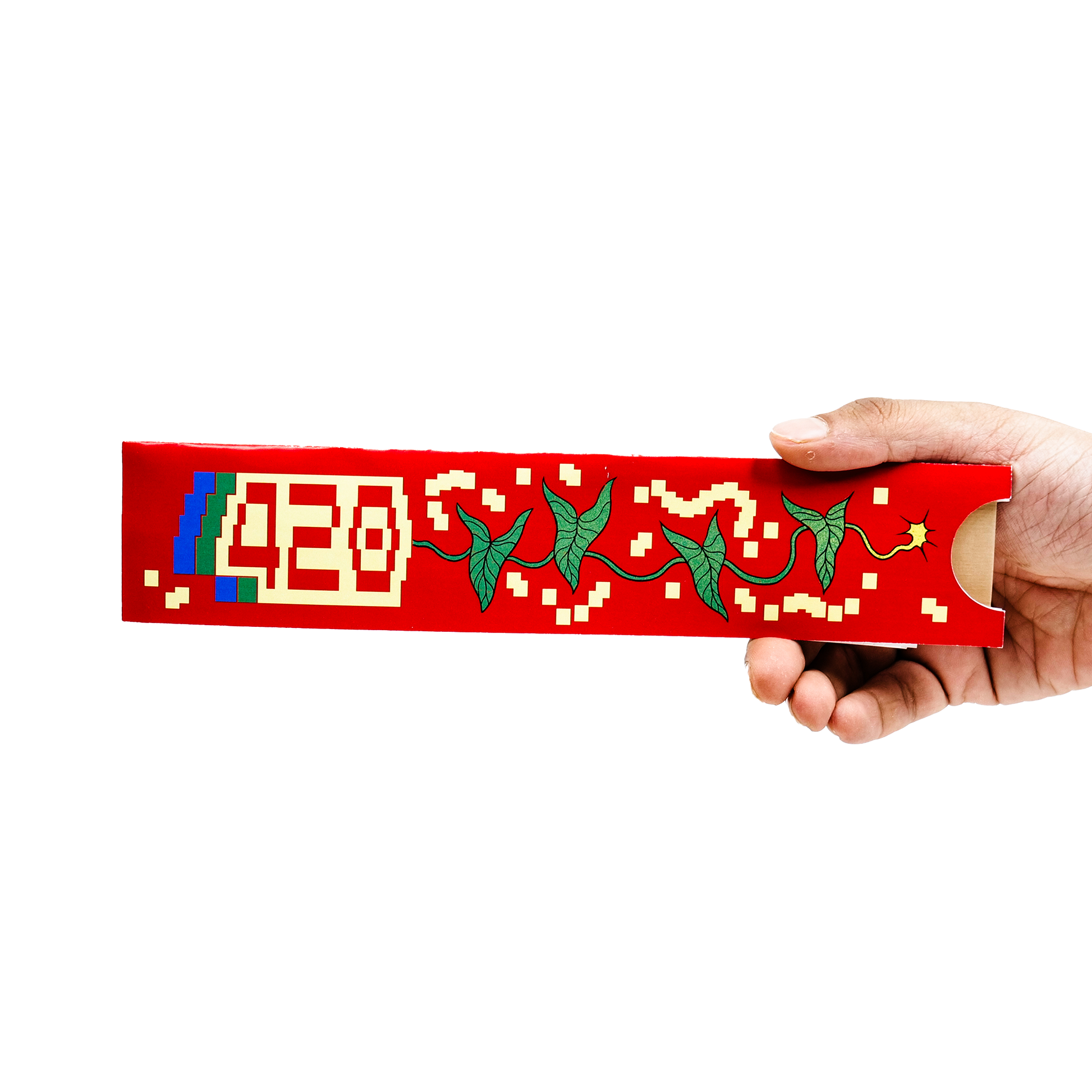 Back of Smoothmix Papers jumbo pack held in hand, red packaging with pixel art “420” and green vine design on white background